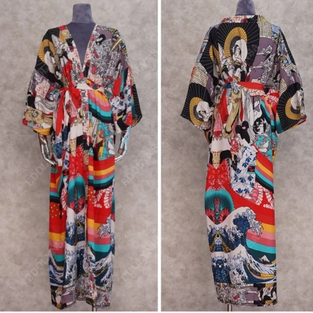 Asian print kimono Cover ups robe Floral Print
